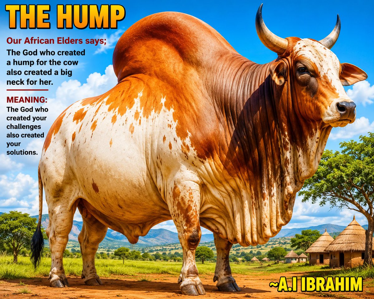 kiacomedy1's tweet photo. Title: COW'S HUMP

Our African Elders say:

The God who created a hump for the cow also created a strong neck for her.

MEANING:

Every challenge comes with the strength to bear it. The same God who allows difficulties into your life also provides the wisdom, ability, opportunities, and grace to overcome them.

Do not fear the size of your burden. If it has come to you, trust that you have also been given the capacity to carry it. Your solution was prepared long before your problem appeared.

INSPIRATIONAL REFLECTION 🪞🌟

The weight on your shoulders is not proof that God has abandoned you; it is often evidence that He has already equipped you for what lies ahead. Stop measuring your strength by your fears. The cow never complains about its hump because its neck was designed to carry it. Likewise, you were designed for the battles, dreams, and responsibilities assigned to you. Walk confidently, for your Creator never gives a burden without also providing the strength to bear it.

~A.I IBRAHIM