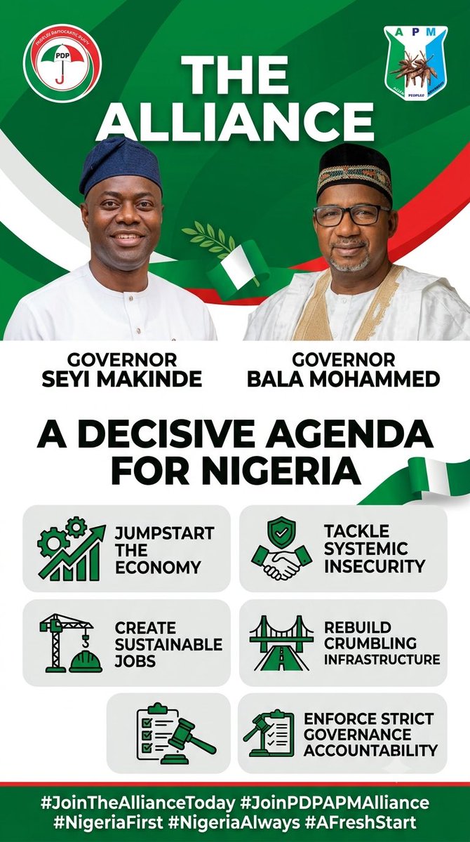 PDPAPMAlliance's tweet photo. The PDP-APM Alliance: Why Political Heavyweights Are Aligning for 2027.

With Nigeria’s 2027 general elections on the horizon, a massive political realignment is shaking up the landscape. High-profile politicians and grassroots supporters are rapidly pivoting toward the Allied Peoples’ Movement (APM) and its strategic alliance with the Peoples Democratic Party (PDP). @OfficialPDPNig 

At the heart of this formidable alliance are two powerhouse leaders: Oyo State Governor Engr. Seyi Makinde @seyimakinde (positioning as the APM’s presidential candidate) and Bauchi State Governor Bala Mohammed. @SenBalaMohammed Together, they are carving out a powerful, unified opposition front to challenge the ruling All Progressives Congress (APC). @OfficialAPCNg 

The alliance is championing a decisive agenda to jumpstart the economy, tackle systemic insecurity, create sustainable jobs, rebuild crumbling infrastructure, and enforce strict governance accountability.

This alliance is directly tapping into the deep frustration of politicians and citizens who feel let down by the ruling APC's policies and programmes.

Framed as a rescue mission, the PDP-APM alliance is positioning itself as the ultimate "reset button" for Nigeria—promising swift economic rescue, restored security, and sweeping institutional reform.

For a growing number of Nigerians, this isn't just another political movement. It is a strategic bid for national survival and rebirth.

#JoinTheAllianceToday #JoinPDPAPMAlliance #NigeriaFirst #NigeriaAlways #AFreshStart