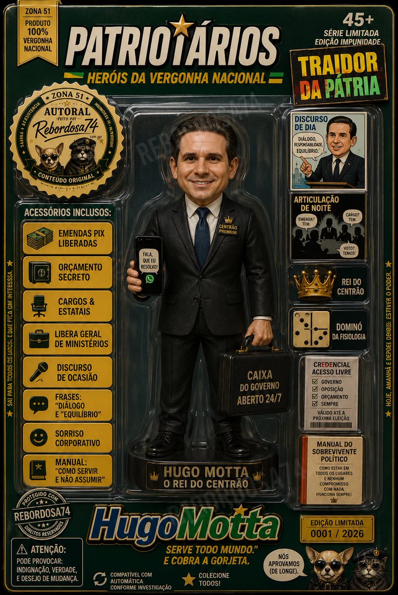 occupyMB's tweet photo. Aceito encomendas. 😎

Sua vergonha nacional favorita também pode virar edição de colecionador.
Linha exclusiva PATRIOTÁRIOS™
Edição limitada.
Made in China Studio
Já disponíveis:
TariFlávio
Hugo Motta
Alcolumbre
Outros personagens estão chegando…Aceito PIX. @rebordosa74 https://t.co/5k28iB6Ail