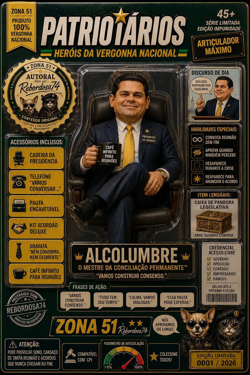 occupyMB's tweet photo. Aceito encomendas. 😎

Sua vergonha nacional favorita também pode virar edição de colecionador.
Linha exclusiva PATRIOTÁRIOS™
Edição limitada.
Made in China Studio
Já disponíveis:
TariFlávio
Hugo Motta
Alcolumbre
Outros personagens estão chegando…Aceito PIX. @rebordosa74 https://t.co/5k28iB6Ail