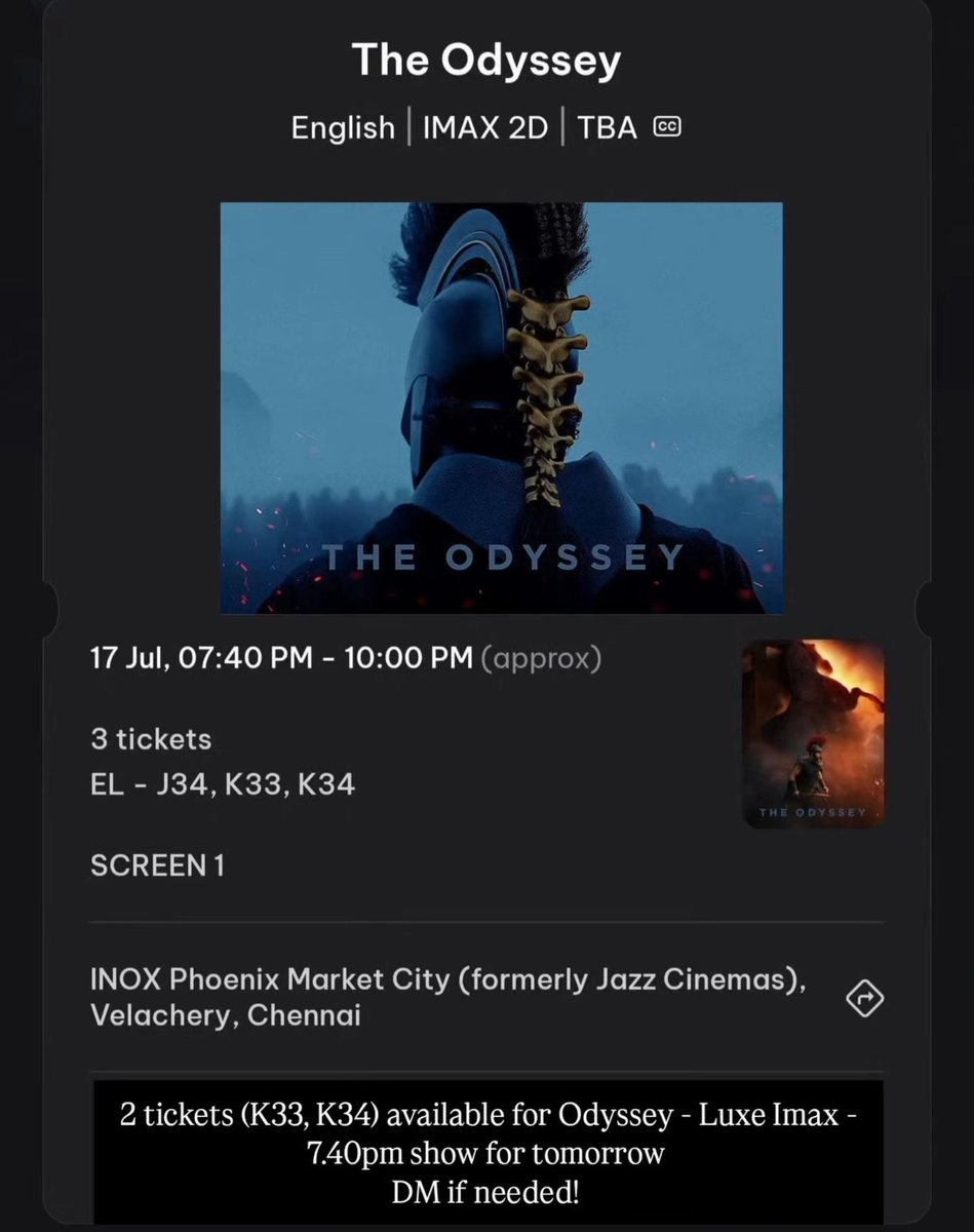 GaneshMSDO7's tweet photo. 2 tickets available for #Odyssée in Luxe Imax for today!! DM if needed. Selling at MRP.
#christophernolan #tomholland #imax https://t.co/IRtjOE2Eth
