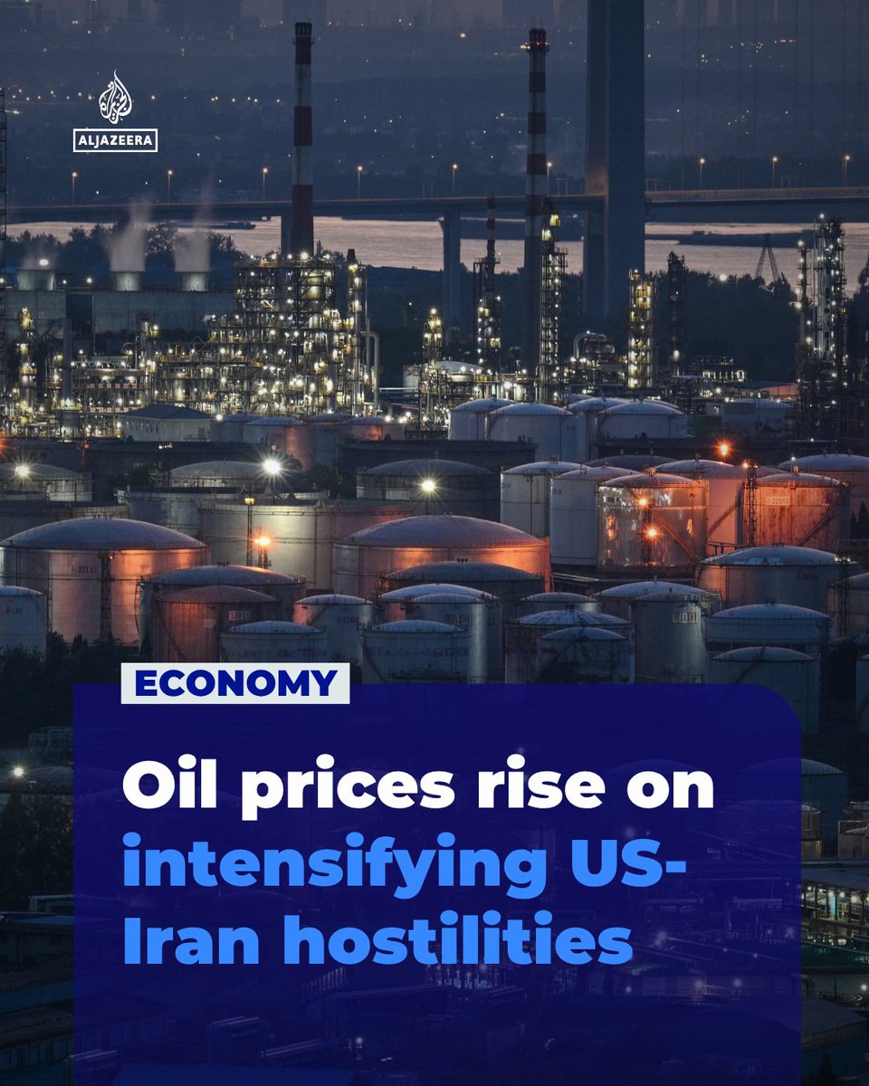 AJEnglish's tweet photo. Oil prices have risen after the US and Iran stepped up attacks across the Gulf and with Tehran asking Yemen’s Houthis to stand ready to shut the Red Sea export route.

🔴 LIVE updates: https://t.co/5LgpxqsrCv https://t.co/ABYObYGIPR