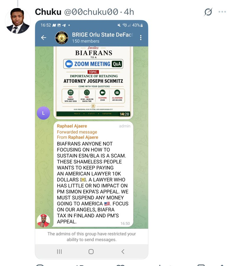 AsuitTutors's tweet photo. Please, what is happening to @raphaelajaere and his CRC "Accountability" group? 🙈😹🙈🧐🤪
In 2025, they said: "We don't need Attorney Dabiri & lobbyist Elias."
Now in 2026, they are holding a Zoom meeting to discuss the "Importance of Retaining Attorney Joseph Schmitz"  paying an American lawyer $10K while telling Biafrans to "suspend any money going to America." 

You don't need Dabiri. You don't need Elias. But you need a $10K American lawyer with "little or no impact" on Simon Ekpa's appeal?
Confused people everywhere. I pity the gullible ones that will waste their hard earn money on this nonsense