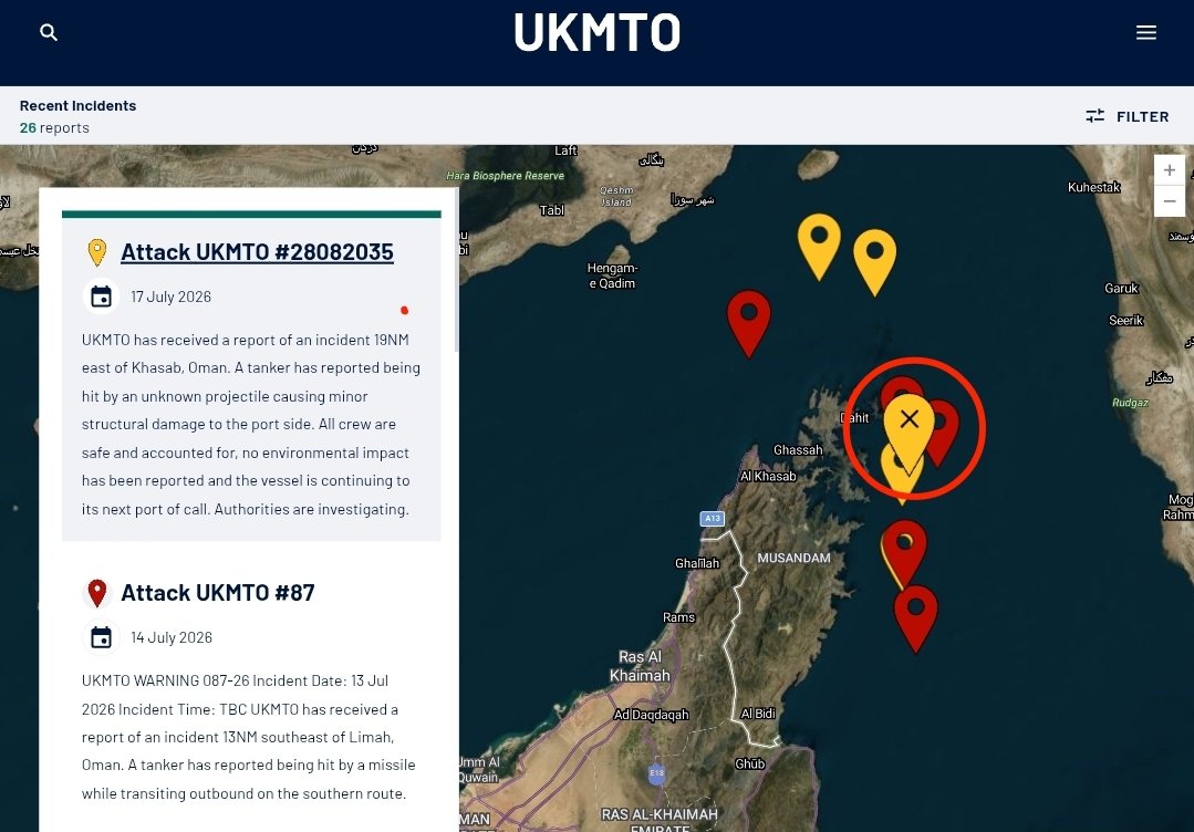 MenchOsint's tweet photo. ⭕️ UKMTO reports a Tanker was hit by a projectile in the Trump-controlled corridor in the Strait of Hormuz.

It happens as during days, not a single vessel was observed using this corridor. Looks like they found "volunteers" to do the expensive (20%) kamikaze mission. https://t.co/ROwlcQoqBl