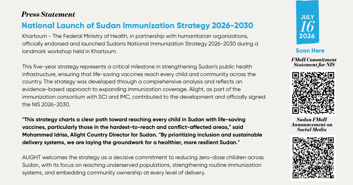 AlightSudan's tweet photo. 🇸🇩 A Milestone for #Sudan's Children - Alight, as part of the immunization consortium contributed to developing this strategy and officially signed the NIS 2026-2030 alongside the Federal Ministry of Health.💉

🔗: [https://t.co/8K2yMKnQYv]
 #Immunization  #VaccinesWork https://t.co/YHjQJ2a83m