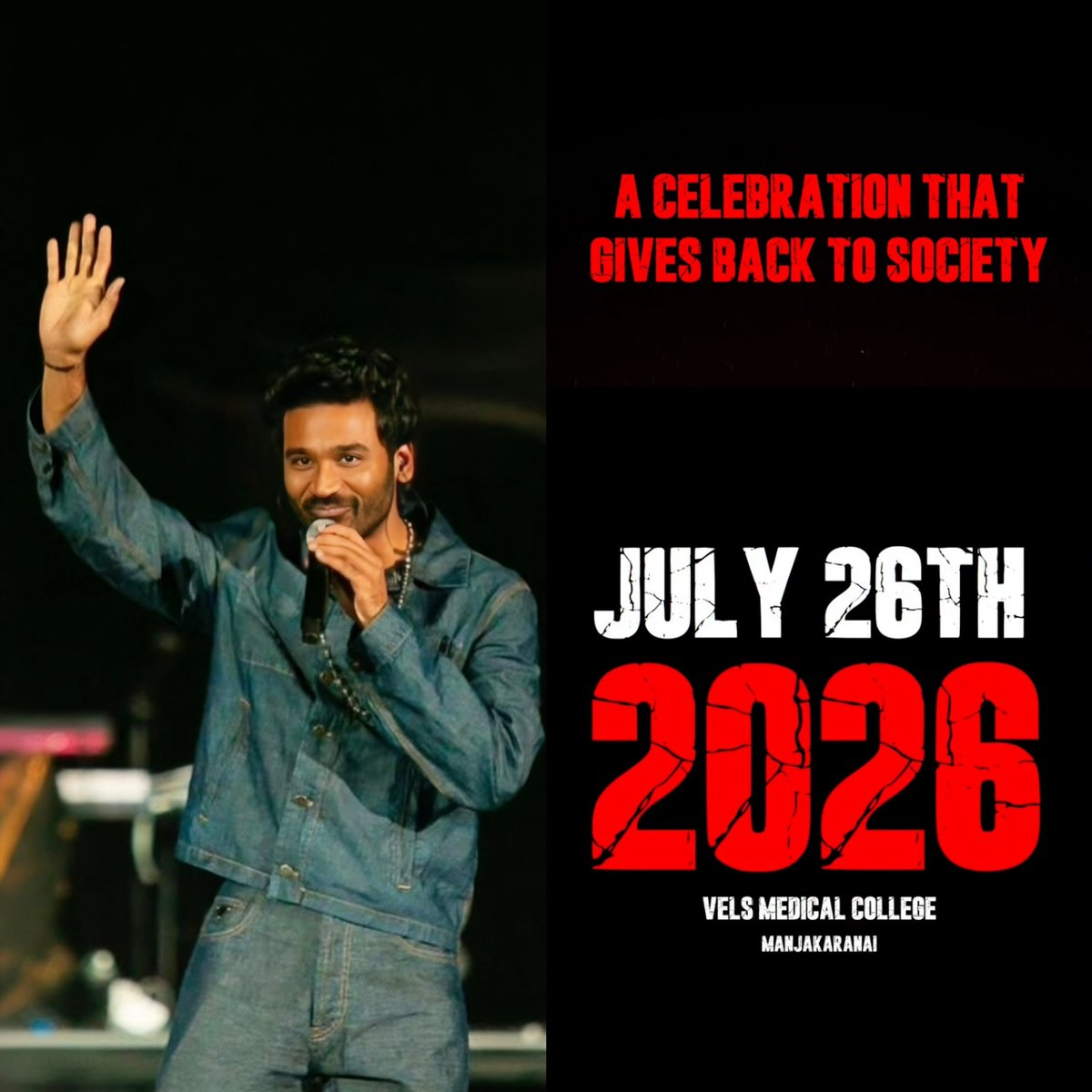 IndreshPaval's tweet photo. Get ready, folks, because D Fans Sambavam is arriving at Vels Medical College, Manjakaranai, on 26th July with a massive fanbase and a grandeur event like never before. @dhanushkraja 🧨🧨🧨 https://t.co/PIrrCERrJs