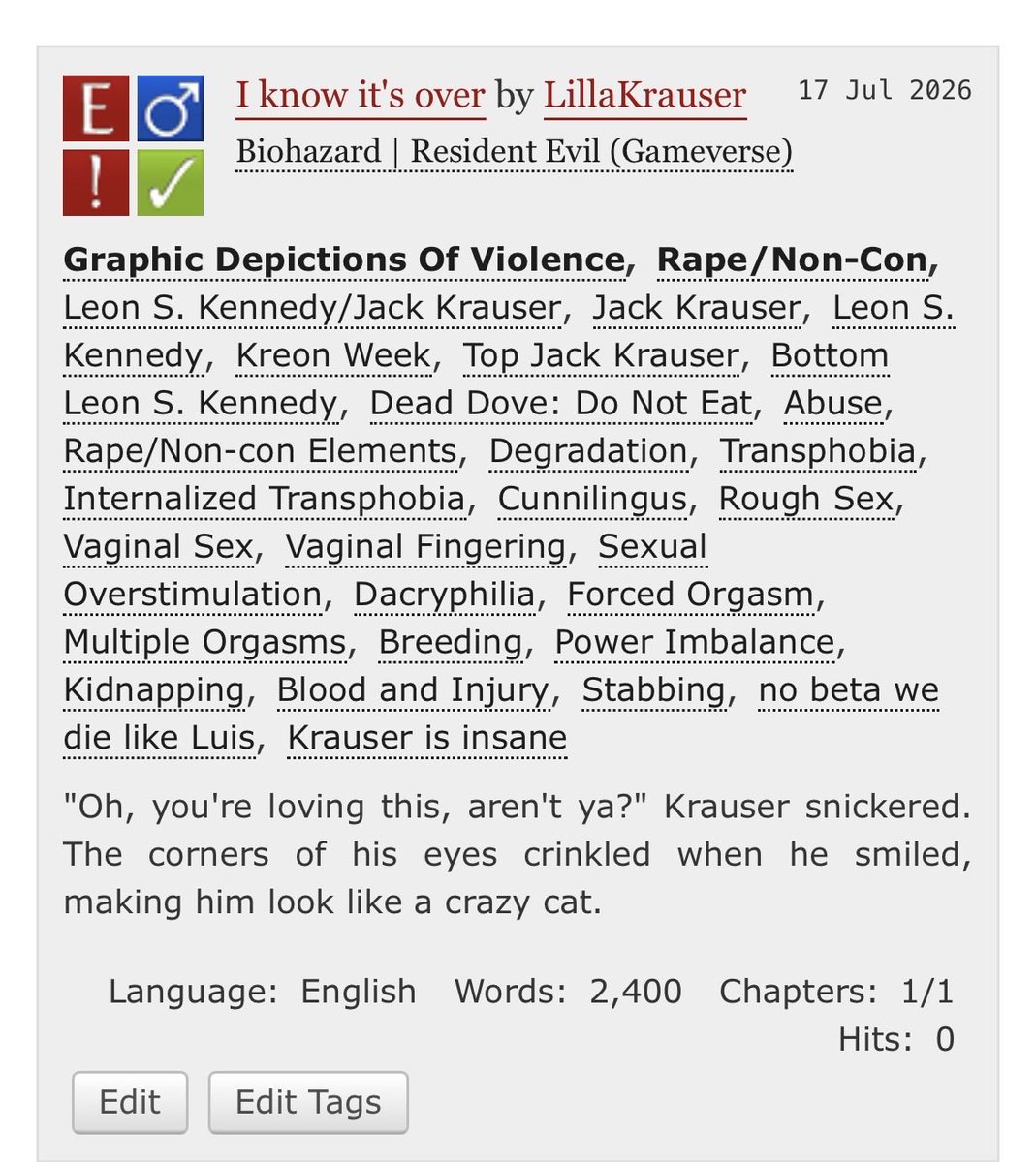 jackinmykrauser's tweet photo. [Metaltango Week | DAY 6: Non-Con]

WHOOAAA WHOOOAA i finally posted another fic! YAYYYY 

https://t.co/IJxWHwIZm8

@kreonweek 
#JackKrauser #LeonKennedy #Metaltango #Kreonweek https://t.co/4bL8PTtC2U