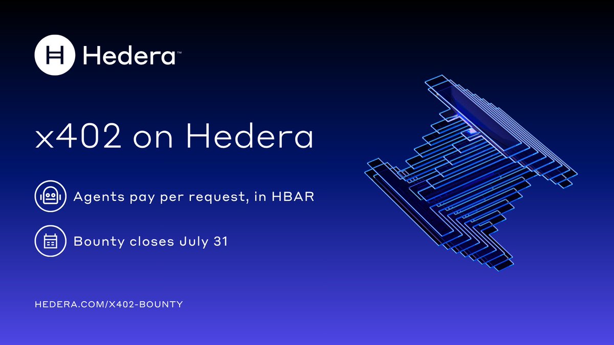 MrEdgarcross's tweet photo. 🚨 🤖 HEDERA LAUNCHES x402 FOR AI AGENT-TO-AGENT PAYMENTS AND ANNOUNCES A $5,000 BOUNTY 💸🌐

AI agent-to-agent payments require infrastructure that settles transactions quickly and efficiently. Hedera’s x402 payment standard enables agents to pay for requests in HBAR or USDC with a fixed fee of less than one cent.

👉 What is known so far:

🔹 x402 is an open payment standard built on HTTP 402, designed for automated micropayments between applications and AI agents.

🔹 On Hedera, payments can be settled in HBAR or USDC with transaction fees below $0.01.

🔹 Hedera has launched the x402 Bounty, running through July 31.

🔹 Participants have a chance to win one of five $1,000 prizes for the best submissions.

💬 What this means

The industry is moving toward a future where AI agents can autonomously purchase data, APIs, and digital services without human intervention. x402 provides a standardized payment layer, while Hedera positions itself as a fast and low-cost settlement network for the emerging AI economy.

🔥 Conclusion

If agent-to-agent commerce becomes mainstream, instant micropayment infrastructure could become one of the core building blocks of the AI-driven digital economy. Hedera is investing early by providing both the technology and developer incentives.

🔗 Source: https://t.co/XtA3b3scUM

#Hedera #HBAR #x402 #AI #AIAgents #USDC #Crypto #Blockchain #Web3 #Micropayments

⸻

🚀 LEDGER COLD WALLET COURSE | METAMASK
https://t.co/jgylWTw66Y

🔥 PRIVATE VIP CHAT — PAID MEMBERSHIP
https://t.co/38BNZMNnDL

🌐 ALL MY COURSES & LINKS:
https://t.co/kJ8qWfFDIN

⸻

📌 Disclaimer: This post is for informational and analytical purposes only and should not be considered financial, investment, or legal advice.