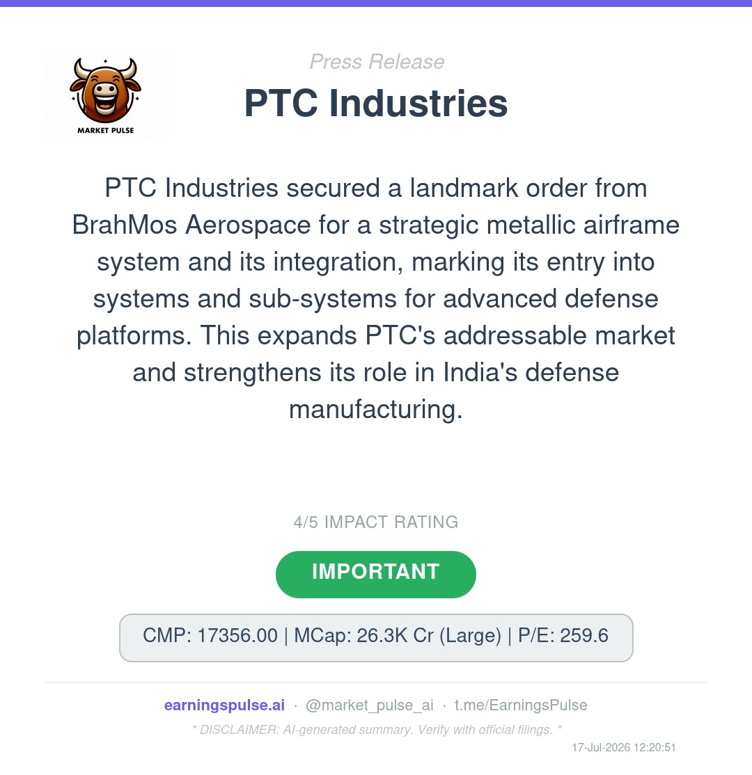 market_pulse_ai's tweet photo. 🚨 #PTCIL — Order Win
PTC wins BrahMos defense order, entering strategic systems market.
#OrderWin #StockMarket https://t.co/LbF3ncV5b1