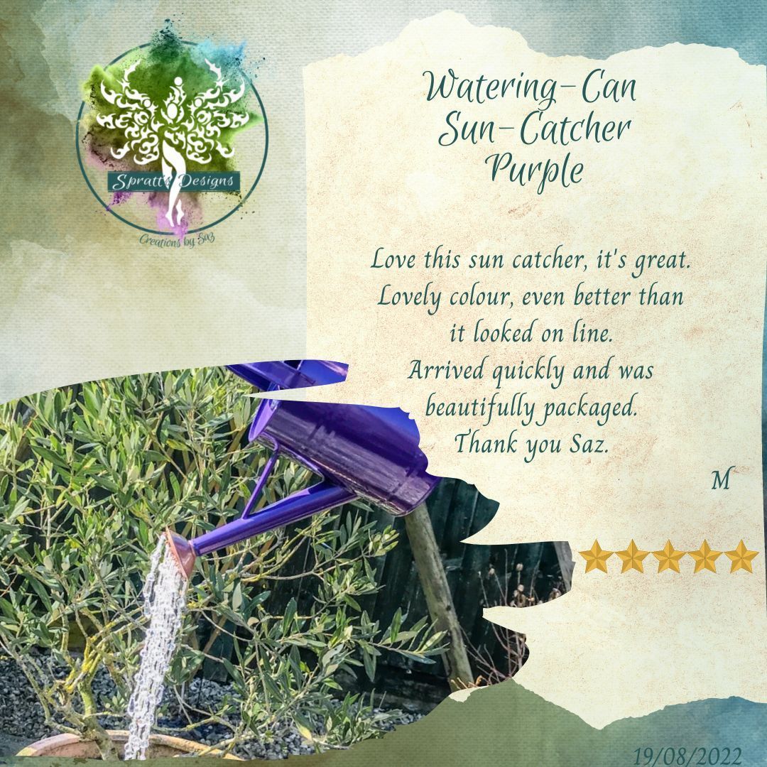 CraftingSpratt's tweet photo. The Watering-Can Suncatchers are a great piece of #garden decor, in all sizes &amp; colours like this purple one which is happy in its forever home. see the current range here: https://t.co/bMSLklghn8  commisions &amp; wholesale orders taken too.
🌺 
#GardeningTwitter #GardenersWorld https://t.co/9fBTOPpNVX