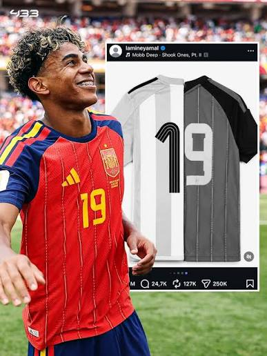 TheIllusion111's tweet photo. You can np longer deny pro sports are rituals!

Look at this!!!

Lamine Yamal's first post before the World Cup featured half of Messi's Argentina jersey and half of his Spain jersey, and the #19.

There's 19 days between their birthdays &amp; they'll meet on the 19th July

#worldcup https://t.co/8gBIHi8iBW