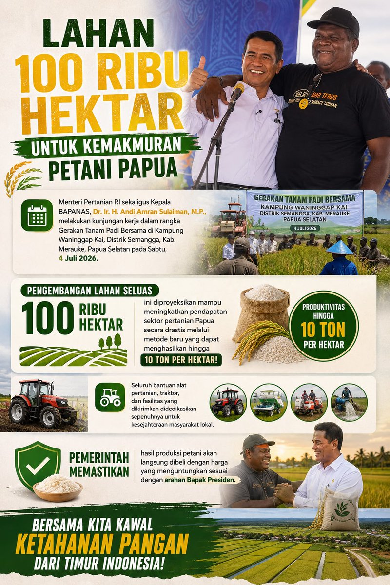 AwomSemmy's tweet photo. 🚨 TEROBOSAN PERTANIAN DI PAPUA! 🚨

Lahan seluas 100 RIBU HEKTAR di Merauke, Papua Selatan, sedang dikembangkan untuk kemakmuran petani. Target: Produktivitas 10 TON/Hektar! Mentan Andi Amran Sulaiman resmikan Gerakan Tanam Padi Bersama. 

#KetahananPanganPapua #Merauke https://t.co/Vn1al8Y0Yi