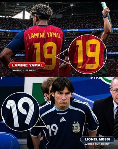 TheIllusion111's tweet photo. You can np longer deny pro sports are rituals!

Look at this!!!

Lamine Yamal's first post before the World Cup featured half of Messi's Argentina jersey and half of his Spain jersey, and the #19.

There's 19 days between their birthdays &amp; they'll meet on the 19th July

#worldcup https://t.co/8gBIHi8iBW