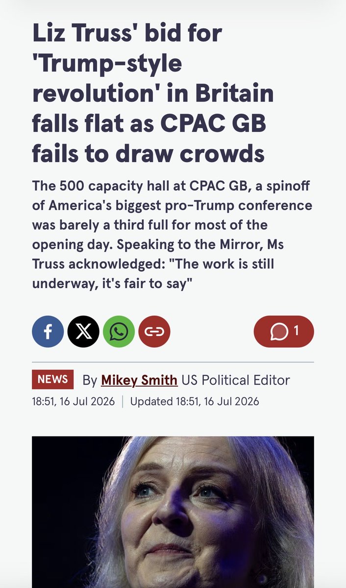 King0243_PJC's tweet photo. Liz Truss is out here desperately trying to launch a Trump-style revolution in Britain and the whole thing is a pathetic joke. 

Her CPAC GB event in a 500 seat hall drew barely a third of the crowd. Even she had to admit the work is still underway.

This is the woman who nuked the economy in 49 days and now she cant even pack a room. 

Absolute laughing stock. The human lettuce strikes again.