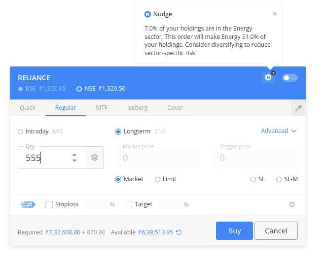 Nithin0dha's tweet photo. Saw a tweet of some guy losing all his savings because he invested all his money in 2 stocks. We recently added a nudge on Kite to help investors avoid exactly this scenario. You will now see an alert if a single stock or sector exceeds 50% of your portfolio. While “getting rich” with a concentrated portfolio sounds nice in theory, it’s often a recipe for disaster unless you are a genius stock picker.

The 50% is just a starting point. We will eventually give users the option to configure it.

This is just one nudge. We have more intelligent and contextual ones in the works, including the ability to customize them.