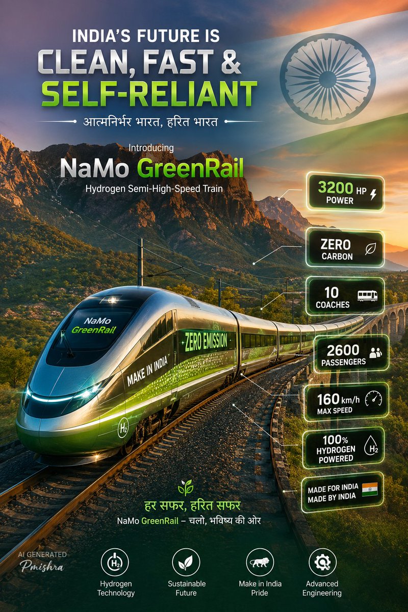 Pmish0703's tweet photo. @narendramodi कल्पना कीजिए—
🚄 धुआँ नहीं,
🌱 प्रदूषण नहीं,
⚡ स्वदेशी तकनीक,
🇮🇳 और विश्वस्तरीय गति।
ऐसी हरित रेल प्रणाली भारत को सतत विकास और नवाचार के वैश्विक मानचित्र पर नई पहचान दे सकती है।
#NaMoGreenRail #GreenTransport #HydrogenFuel #NetZero https://t.co/pXtMFUMdWx