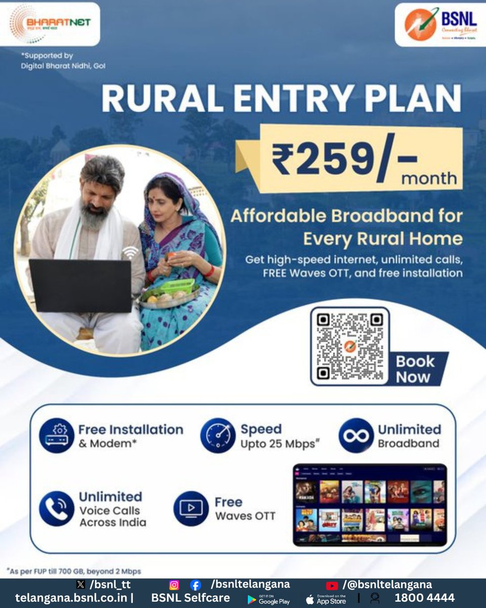 bsnl_tt's tweet photo. 🚀 Bringing high-speed broadband closer to every rural home! 📶

Stay connected with BSNL FTTH and enjoy:
✅ High-speed broadband
📞 Unlimited voice calls
🎬 FREE Waves OTT
🛠️ FREE installation
💙 All at just ₹259/month!
📲 Book today: https://t.co/FzVzhYZwbz

#BSNL #BharatNet https://t.co/1nui32o6cM