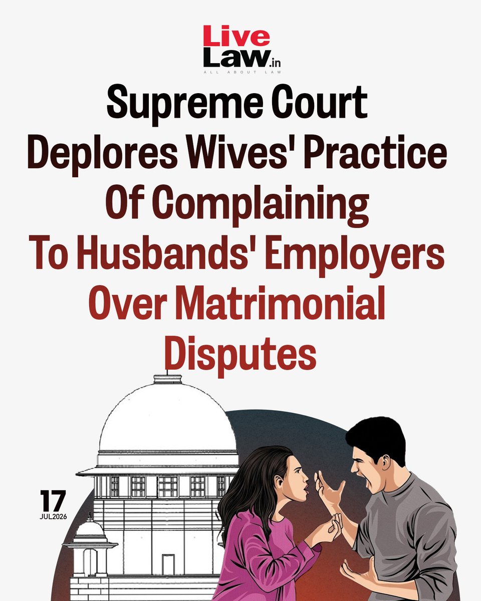 LiveLawIndia's tweet photo. The Supreme Court orally expressed concern over wives writing to husband's employers during matrimonial litigation, observing that such complaints could result in loss of employment and ultimately affect maintenance.
Read more: https://t.co/4gj8p7TOzB
#SupremeCourt #MatrimonialDispute #Mediation #Maintenance #Divorce