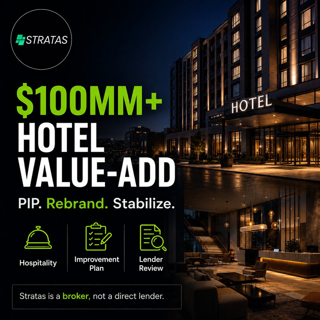 StratasLLC's tweet photo. ✨ Hotel Value-Add Capital

Hotel PIP, rebrand, and repositioning plans need a capital structure that fits the business plan. Stratas helps experienced sponsors source $100MM+ financing options for qualified hospitality assets in non-rural U.S. markets. Best-fit deals usually have credible budgets, meaningful equity, and a realistic stabilization or refinance path. Stratas is a broker, not a direct lender. Financing is subject to lender review, underwriting, approval, and closing conditions.

Click Learn More to get started, call 7252575354, or email info@stratasfinancial.com.