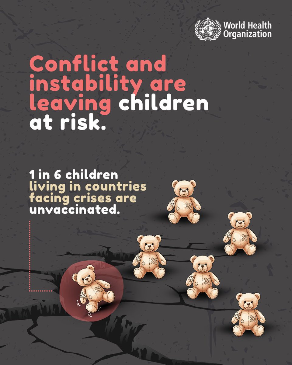 WHO's tweet photo. Imagine a child facing conflict and deprived of health care.  

Many children today in countries facing crises are far more likely to miss out on vaccines: 1 in 6 are unvaccinated, compared with 1 in 14 in more stable countries. 

No matter where a child lives, they deserve the chance to grow up healthy and protected.

#HealthForAll
