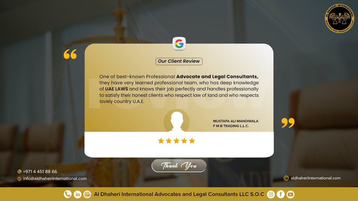 AlDhaheriInter1's tweet photo. Your Trust Is Our Greatest Achievement ⭐⭐⭐⭐⭐

#googlereview #clientfeedback #clientsatisfaction #trustedlawfirm #uaelaw #dubailaw https://t.co/Hwd9TXmlRy