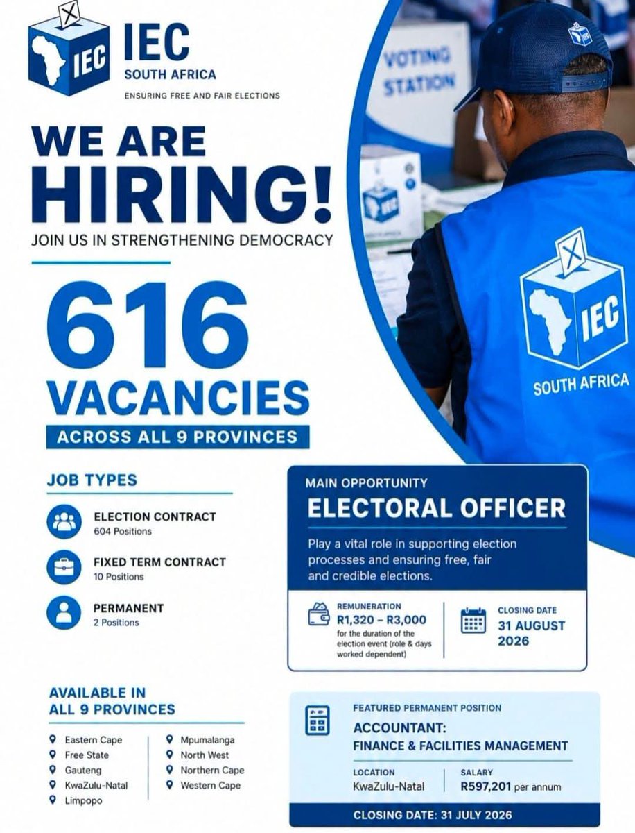 CarolBoitumelo1's tweet photo. 🔥Submit your CV at IEC 👇

X616 vacancies by Provinces

📌 Eastern Cape x87 posts
📌Free State X46 posts
📌 Gauteng X94 posts
📌 Kwazulu-Natal x118 Posts
📌 Limpopo X52 posts
📌 Mpumalanga X42 posts 
📌North West X55 posts
📌 Western Cape X77 posts

Location: Different Provinces 

See full details 👇👇👇

Link to apply: https://t.co/f6ZXwG0s58