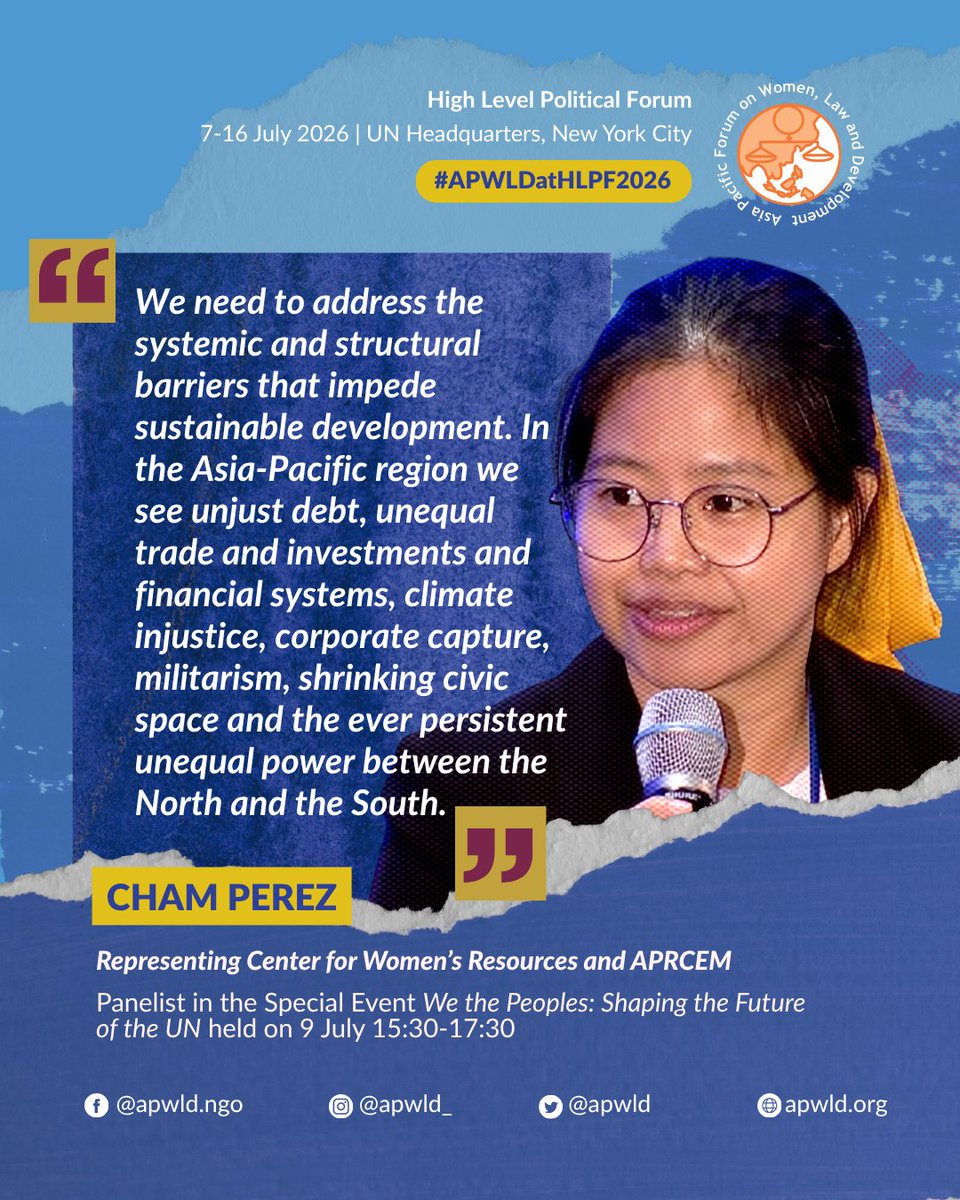 apwld's tweet photo. #Only5YearsLeft: Development Justice at the core of a truly transformative and accountable Sustainable Development Goals ✊
APWLD members participated and delivered Development Justice key messages during Week 1 at HLPF!
#ShiftthePower #DevelopmentJusticeNow #APWLDatHLPF https://t.co/g6aHGsR9Tf