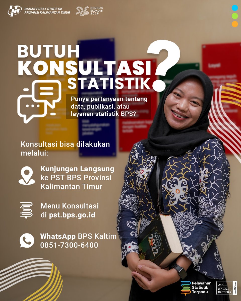 bpskaltim's tweet photo. BPS Kaltim siap menerima konsultasi statistik dengan cara:
📍 Datang langsung ke PST
🌐 Melalui https://t.co/XhG4pZaKZ8
💬 WhatsApp 0851-7300-6400
Untuk konsultasi melalui WhatsApp,lakukan registrasi terlebih dahulu melalui https://t.co/95SXORs9LO. Mudah,cepat, aman,dan gratis. https://t.co/MA6DuJfn7B