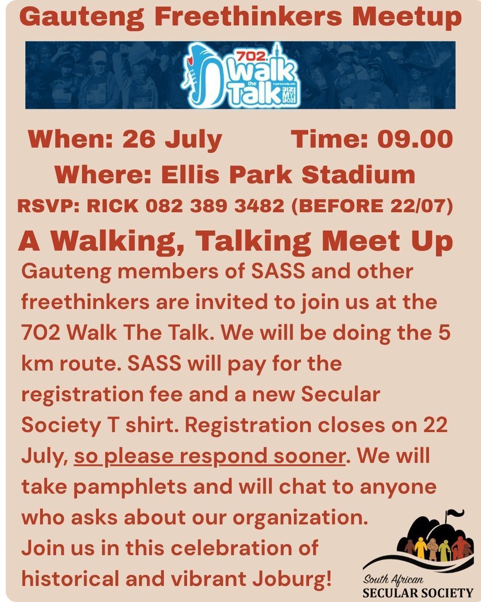 SAsecular's tweet photo. #seculartalk #spreadtheword #freethinkerswalk https://t.co/OqB4T2H5Ev