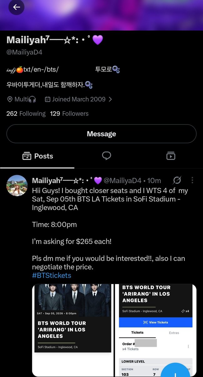 taebaby9597's tweet photo. @875tickets  Please warn others from this person. I am blocked but my friends can see her account and she is still trying to sell these tickets. She is not to trust. https://t.co/FKz5jQucj0