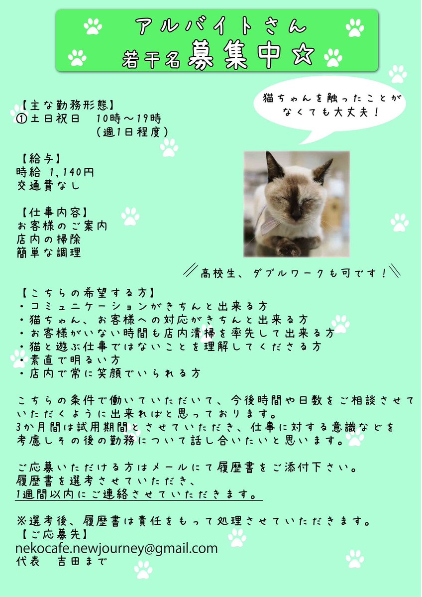 NewJourney_914's tweet photo. 【アルバイトさん募集中】

猫カフェで働いてみませんか？

メールまたはＸやInstagramのDMにて是非ご応募下さい

いきなり履歴書送るのはなー

とりあえず軽く話を聞きたいなー

ご来店いただいた際にスタッフにお声がけいただけたら簡単に説明させていだきます

お気軽にお声掛けください https://t.co/rYQagcV9N8