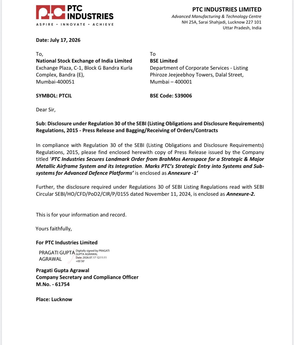 Vismaya9999's tweet photo. PTC Industries 

Company bagged a strategic order from BrahMos Aerospace to develop and supply a mission-critical airframe/missile sub-system 🔥

Melt to Mission strategy, expands TAM and strategic relevance in India’s defence ecosystem 👍

Order value undisclosed (confidentiality), 2-year execution timeline, no related-party interest

#PTCIL #Vismaya
