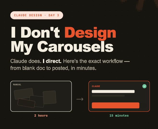 Zainulabidin_Sk's tweet photo. 2 hours per carousel → 15 minutes, no design tool.

1 write the script
2 lock brand once
3 one master prompt
4 iterate out loud
5 export

One rule: every slide needs a real visual, never text-only. Day 3 of 10. #ClaudeMastery https://t.co/3DyqzLvhq9