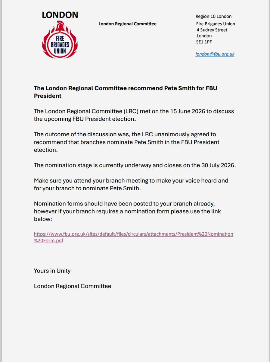 LondonFBU's tweet photo. LRC Recommend Bro Pete Smith for FBU President https://t.co/YF4jKVcQdz