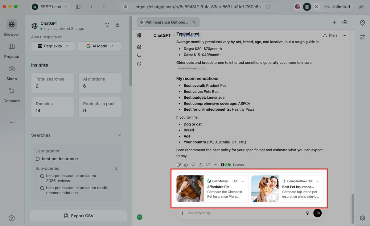 SERPalerts's tweet photo. Whoa, ChatGPT is now showing multiple ads at the bottom of its output for the first time!

This is the first time I've seen ChatGPT showing more than one ad unit within its results, with the example I've seen showing two ads.

There have been a lot of changes lately with their ad formats, so you can expect to see standard ads (like pictured) being grouped with product feed ads.

Also worth noting that I'm also seeing multiple levels for query-fanout again in @serplens, where I've been seeing only a single fanout query (if any) for a while now.

📖 More details and examples on this test as I discover them: https://t.co/iIfqdi3UNv

📧 To keep updated on SERP changes, subscribe to my monthly newsletter: https://t.co/CyLde59l8t

🔎If you're a macOS user (sign up to the waitlist for Windows/Linux), you can also use @serplens for your SEO: https://t.co/QmDSUvDoPR