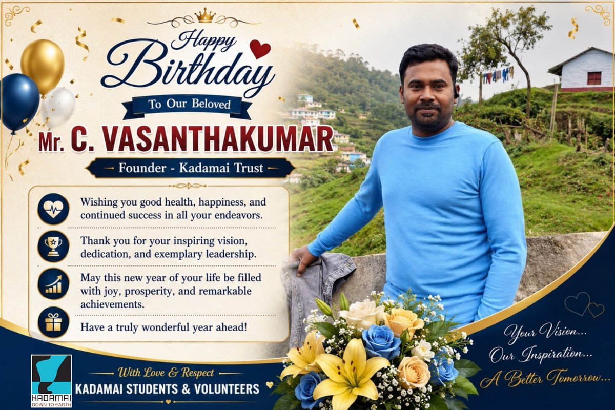 KadamaiE's tweet photo. Happy Birthday to Our Founder, 
Mr. Vasantha Kumar!
Wishing you a very Happy Birthday, 
Mr. Vasantha Kumar! Your vision, leadership, and dedication Thank you for building an organization that empowers people to grow, innovate, and achieve excellence. https://t.co/HkWDuqH3K0