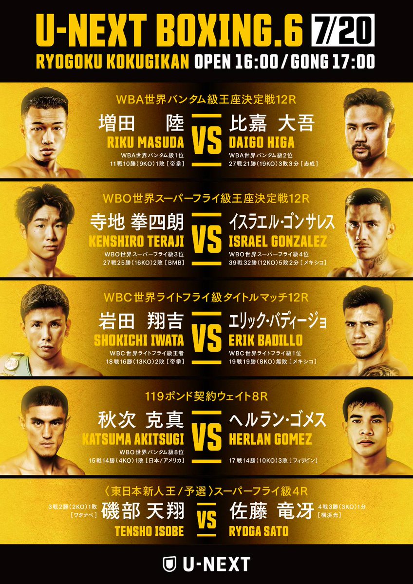 ◥◣ FIGHT ORDER ◢◤ U-NEXT BOXING.6 ￣￣￣￣￣￣￣￣￣￣￣￣ WBA