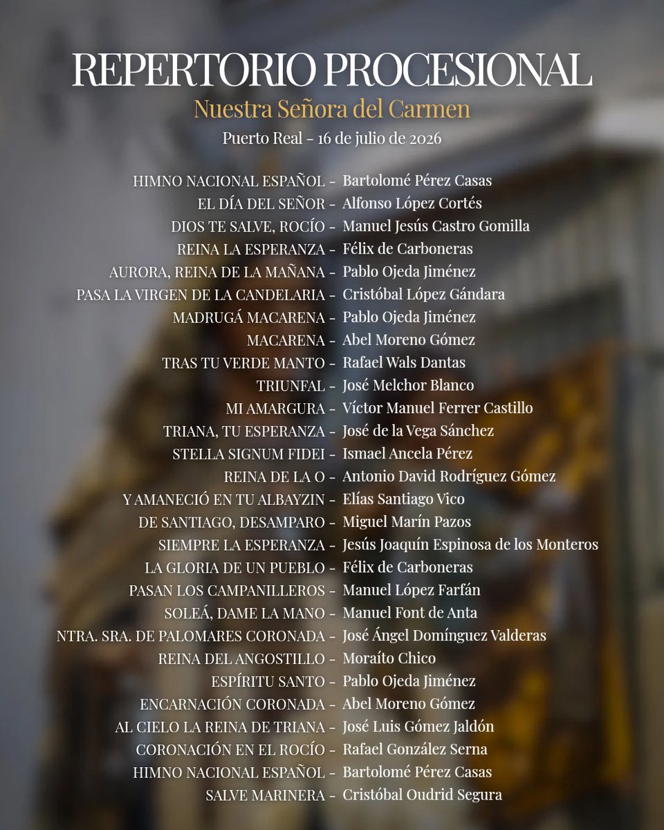 AFBMPalomares's tweet photo. 🎶 Este es el #repertorio que interpretamos ayer tras Nuestra Señora del Carmen de Puerto Real.
✨️ Fue una jornada muy especial la vivida con nuestra queridisima @HdadCarmenPR , escribiendo una página más de la magnífica amistad que nos une.
📲 #SuenaPalomares https://t.co/pg13vnUfVR