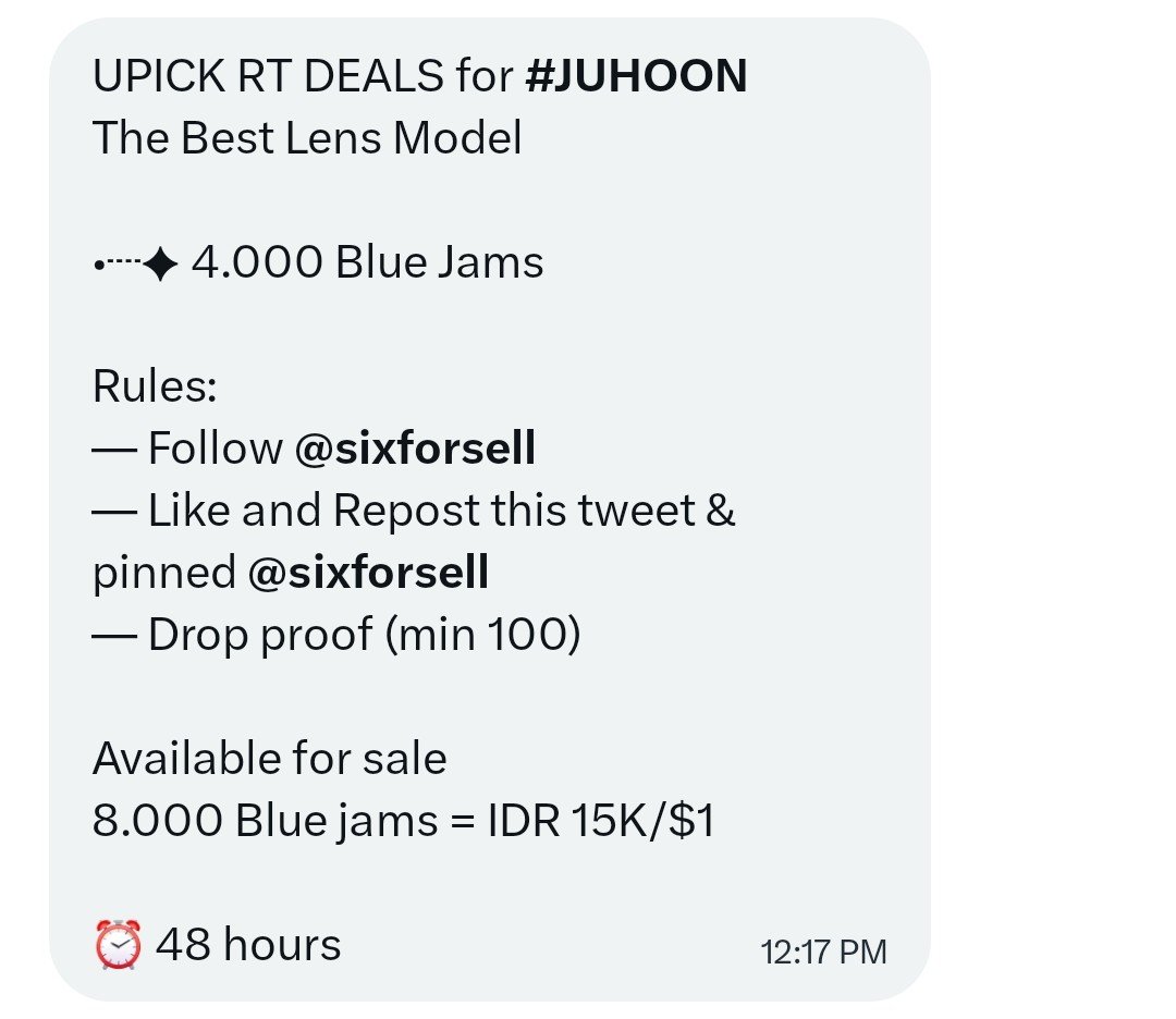 KIMJUHOONVT's tweet photo. ‼️ PLEASE HELP LIKE &amp; RT

UPICK RT DEALS for #JUHOON
The Best Lens Model

•┈✦ 4.000 Blue Jams

Rules:
— Follow @sixforsell
— Like and Repost this tweet &amp; pinned @sixforsell
— Drop proof (min 100)

Available for sale 
8.000 Blue jams = IDR 15K/$1

⏰ 48 hours https://t.co/ZCwqSupt4u