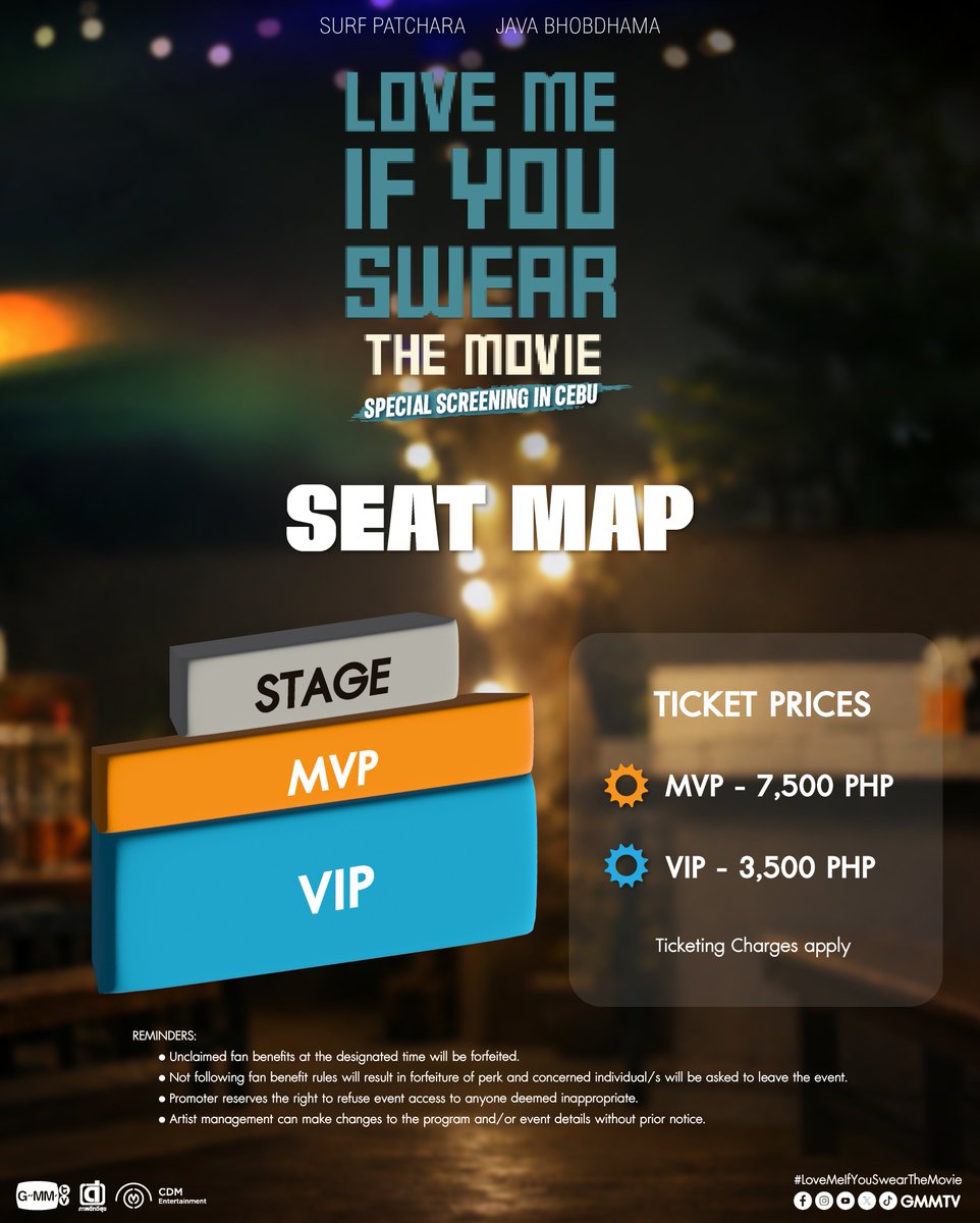 GMMTV's tweet photo. Cebu, hop on! We’re going a journey with SurfJava 🛻

Catch the up-and-coming Thai actors as they make their way to the Queen City of the South for a special event.

❤️ Love Me If You Swear The Movie Special Screening in Cebu
📆 September 12, 2026 | Sat | 3:30 PM
📍 Sky Hall Seaside Cebu

Tickets will be available starting July 31, 2026, 5:30 PM via SM Tickets outlets and https://t.co/vBnPbJD3Fr.

This one’s going to be a wild ride! Don’t miss it 😉

#LoveMeIfYouSwearScreeningCEBU
#SurfJava @swensurf @javabh28 
#GMMTV
#CDM