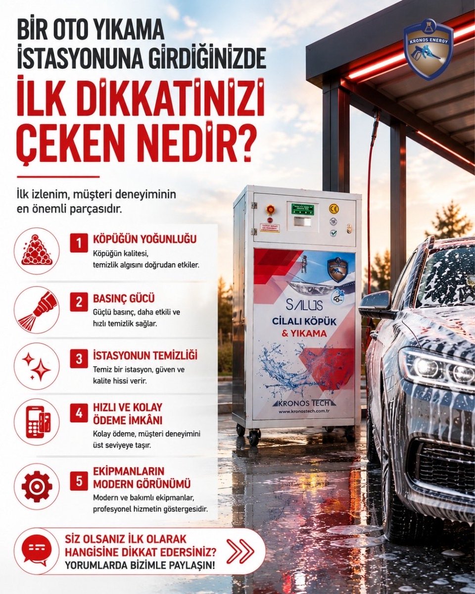 KronosEnergy's tweet photo. Müşteriler için ilk izlenim, sunulan hizmet kadar önemlidir.
Temiz ve modern bir istasyon, güçlü ekipmanlar ve
kulanıcı dostu bir deneyim güven oluşturur.
Peki siz olsanız hangisini önceliklendirirdiniz?
#KronosEnerji #OtoYıkama #JetWash https://t.co/4Uyh2VIR9n