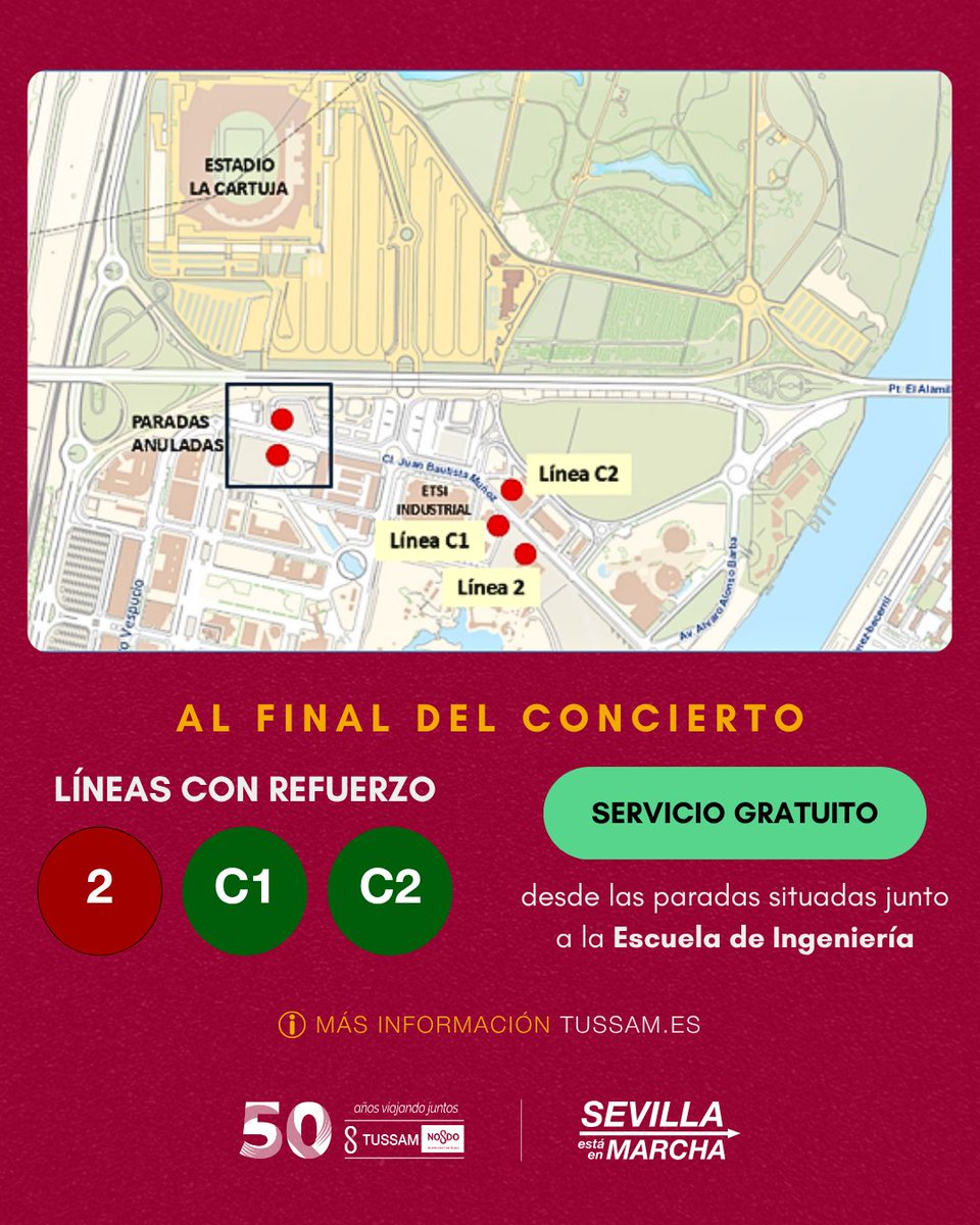 tussamoficial's tweet photo. 🎤 ¿Vas al concierto de @DONOMAR en el #CookMusicFest?

🚌 Este sábado 18 de julio reforzamos las líneas 2, C1 y C2 desde las 18:30 h.

Al finalizar el concierto habrá servicio especial gratuito desde las paradas junto a la Escuela de Ingeniería para facilitar la vuelta.

#TUSSAM #Sevilla