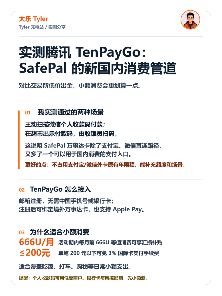 tylerhodl2049's tweet photo. 实测腾讯 TenPayGo，可以用 @SafePalCN  万事达卡（ Apple Pay）：

✅ 主动扫微信个人收款码付款
✅ 超市出示付款码也能支付
✅ 邮箱即可注册，无需中国手机号或银行卡

相比 C2C 出金的负溢价，现在 SafePal 实际汇率更划算，也能补充支付宝、微信之外的使用额度

具体见图，建议先小额测试 https://t.co/mCCRKAIJMG