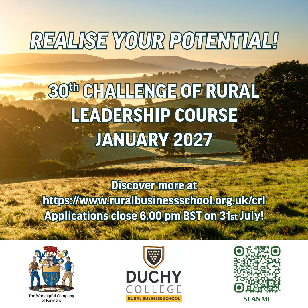 WCFAlumni's tweet photo. The final two weeks to apply for the @FarmersCompany 30th Challenge of Rural Leadership, under the tutelage of @duchyRBS, which will take place in January 2027 at Dartington Hall, Totnes, Devon. This is the time to speak to anyone whom you think might be interested in participating in the forthcoming course. 

For more information on programme content, dates, fees and access to the online application portal, please visit: https://t.co/43BCYjoAta  The closing date for applications is 18:00 on 31st July 2026.
#CRL27 #NowMoreThanEver
