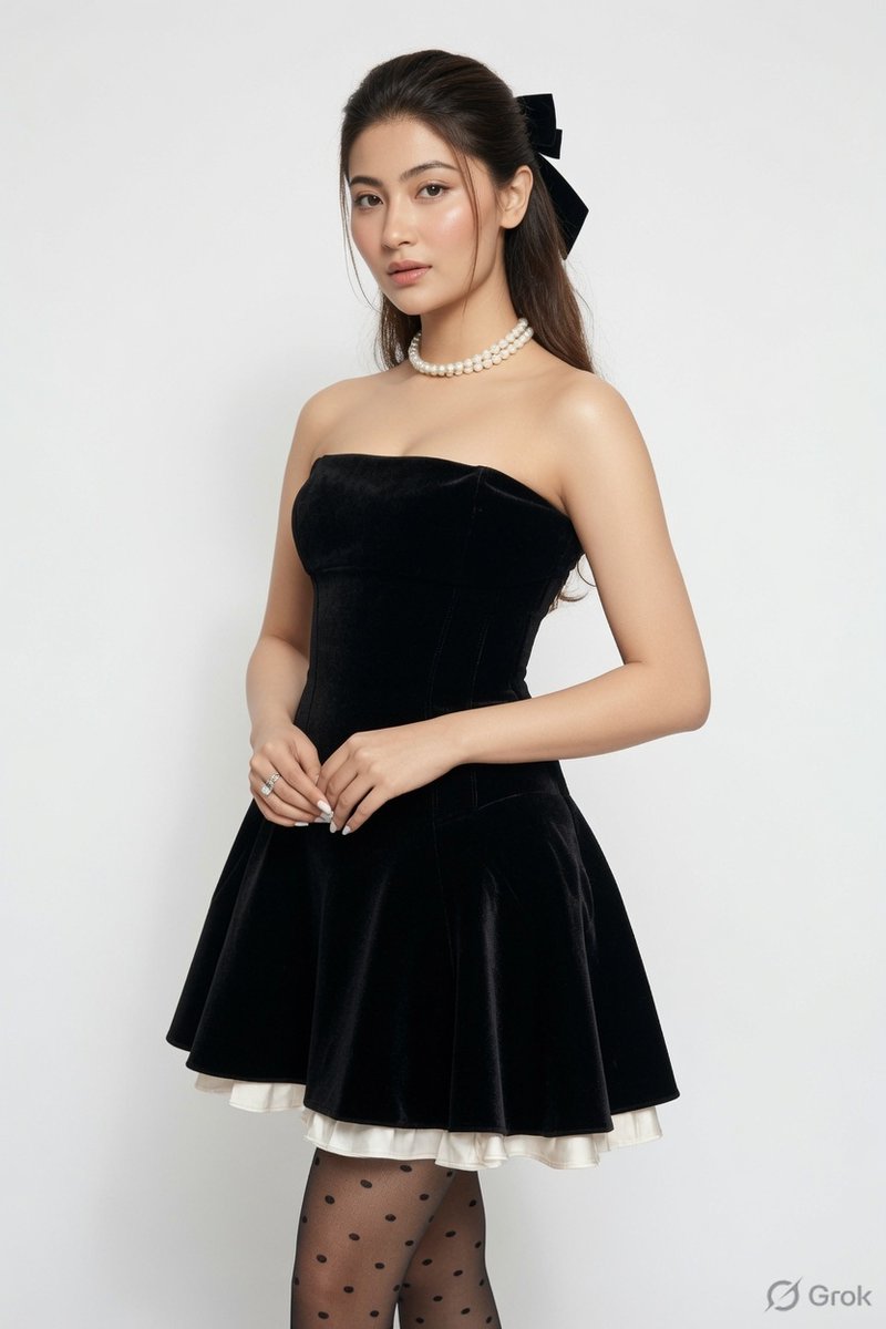 imagine_user_'s tweet photo. Grok Imagine prompt:

Dress the woman from the first image in the exact outfit from the second image: a strapless black velvet corset-style mini dress with a flared skirt and white petticoat peeking at the hem, black polka-dot tights, a pearl necklace, and a black bow in... https://t.co/Hm3Y2eZW46