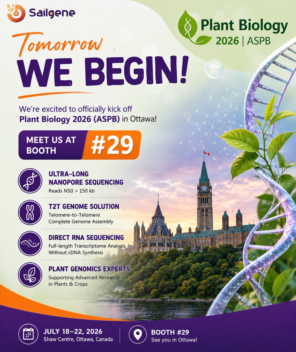 sailgene's tweet photo. Tomorrow it begins! 🌿
We're excited to kick off #PlantBiology2026 and look forward to meeting researchers from around the world.
📍 Booth #29
🧬 Ultra-long sequencing | T2T genomes | Direct RNA Sequencing
See you in Ottawa! #ASPB https://t.co/PyPpe3CxM1