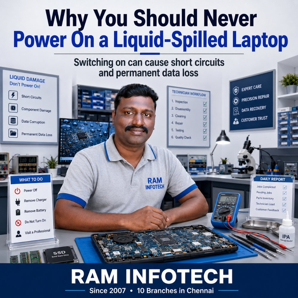raminfotechmd's tweet photo. After a laptop liquid spill, switching it on can cause short circuits and data loss. As a Director at RAM INFOTECH, I advise always keeping it off and getting expert help immediately. Patience saves data. #LaptopService #TechLeadership #DataSafety https://t.co/qF93SZ42y8