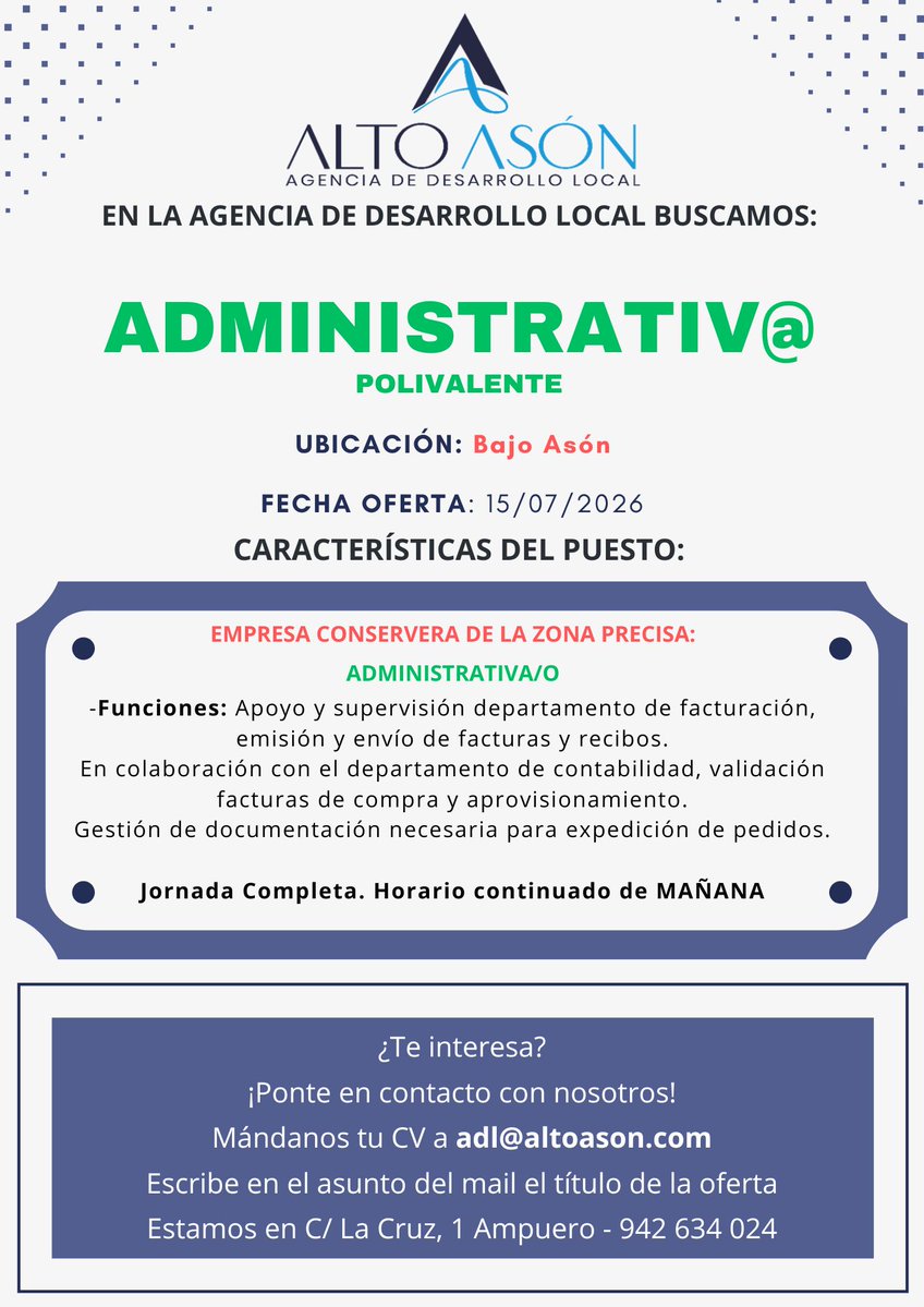 RamalesInforma's tweet photo. 🧾 Ofertas de Empleo de la Agencia de Desarrollo Local Alto Asón.
#OfertaDeTrabajo #OfertaEmpleo #ADL

+Info 👉  ADL Alto Asón https://t.co/V3TShQfD3R
