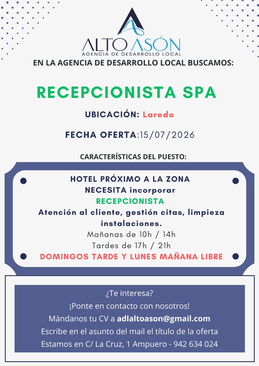 RamalesInforma's tweet photo. 🧾 Ofertas de Empleo de la Agencia de Desarrollo Local Alto Asón.
#OfertaDeTrabajo #OfertaEmpleo #ADL

+Info 👉  ADL Alto Asón https://t.co/V3TShQfD3R