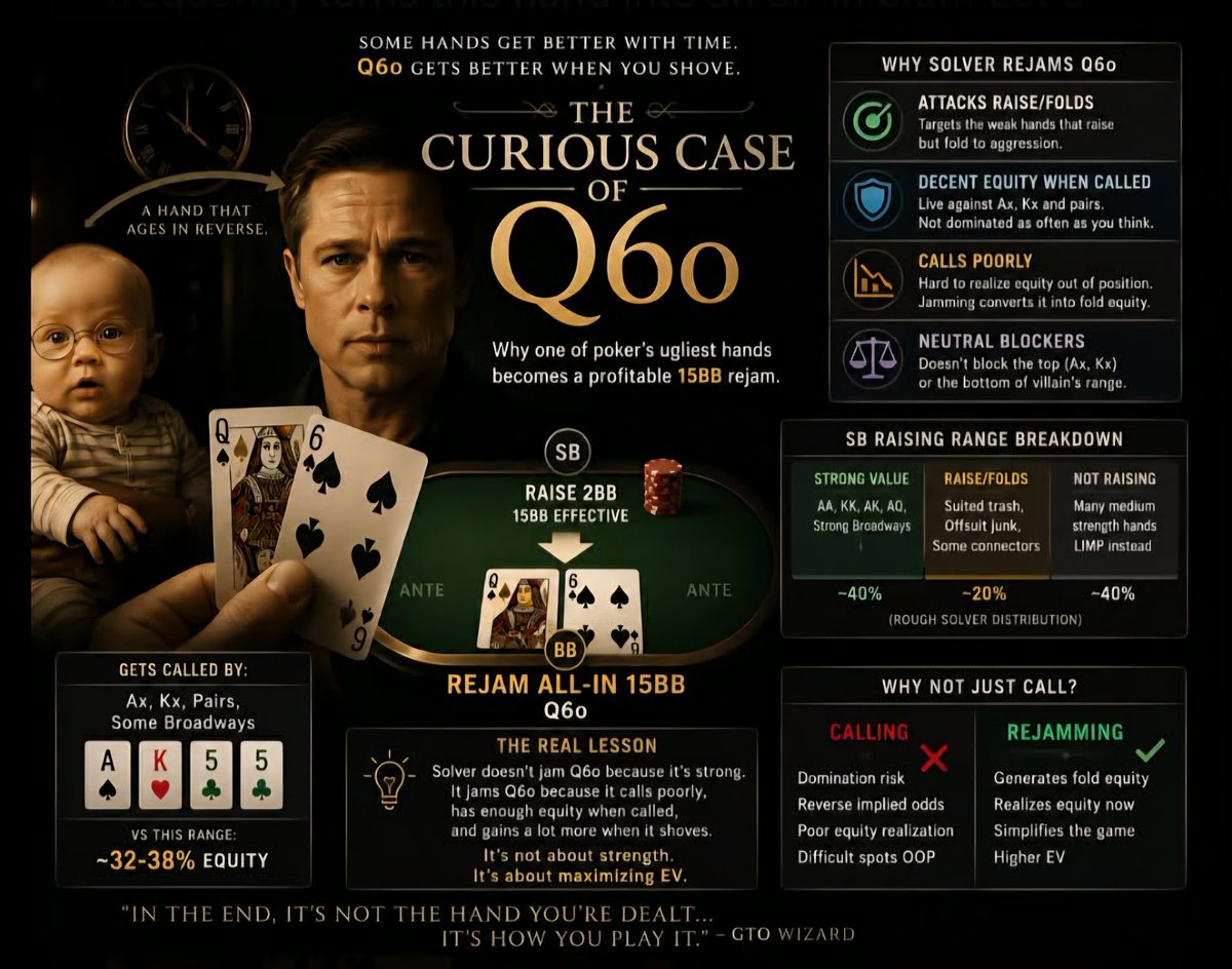 SpotVaultCOO's tweet photo. The Curious Case of Q6o 👀
15bb effective, heads-up MTT. SB min-raises, you’re in the BB with Q6o.
Looks like an easy fold, right?
Solver says: All-in rejam.
One of poker’s ugliest hands suddenly becomes a profitable bluff. Here’s why. 🧵 https://t.co/FMozuxBDaD